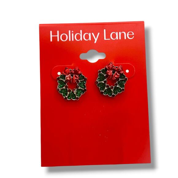 NEW Holiday Lane Christmas Wreath Earrings Small Hoop Drop Winter Festive Hearts - Picture 1 of 10